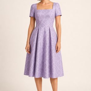 Lavender Jacquard Fit-and-Flare Dress worn by an adult model