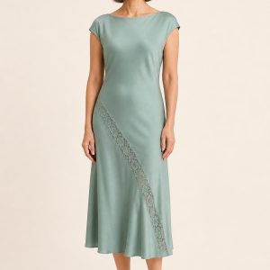 Seafoam Lace-Trim Bias Midi Dress worn by an adult model