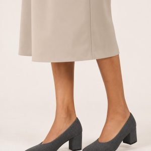 Women's Charcoal Block-Heel Pump worn with an adult model