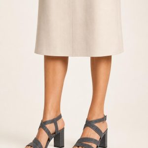 Women's Charcoal Strappy Heel worn with an adult model