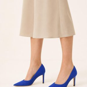 Women's Cobalt Pointed Pump worn with an adult model