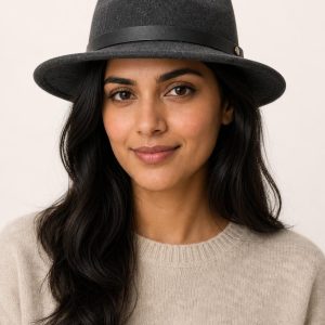 Women's Charcoal Wool Fedora worn with an adult model