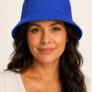 Women's Cobalt Cotton Bucket Hat worn with an adult model