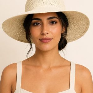 Women's Cream Straw Sun Hat worn with an adult model