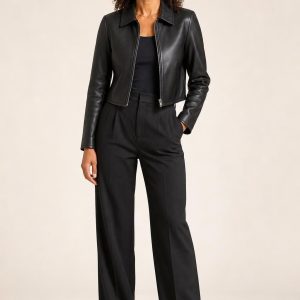 Black Cropped Leather Jacket worn with an adult model