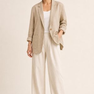 Sand Linen Blazer worn with an adult model