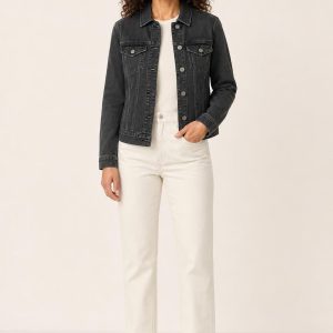 Women's Charcoal Denim Jacket worn with an adult model