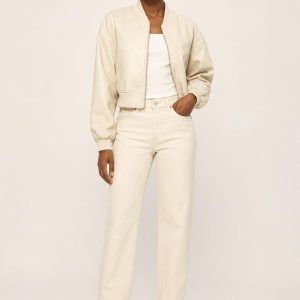 Women's Cream Bomber Jacket worn with an adult model