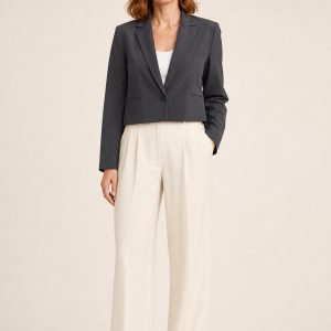 Women's Charcoal Cropped Blazer worn with an adult model
