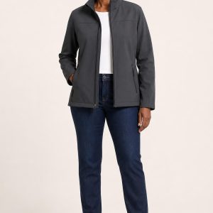 Women's Charcoal Softshell Jacket worn with an adult model