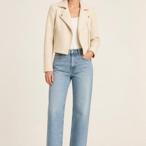 Women's Cream Tonal Texture Moto Jacket worn with an adult model
