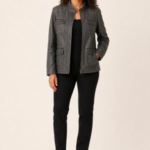 Women's Charcoal Tonal Texture Utility Jacket worn with an adult model