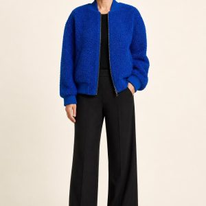 Women's Cobalt Tonal Texture Bomber Jacket worn with an adult model