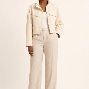 Women's Cream Tonal Texture Field Jacket worn with an adult model
