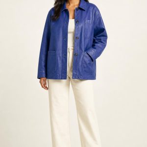 Women's Cobalt Tonal Texture Chore Jacket worn with an adult model