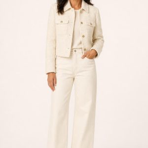 Women's Cream Tonal Texture Trucker Jacket worn with an adult model
