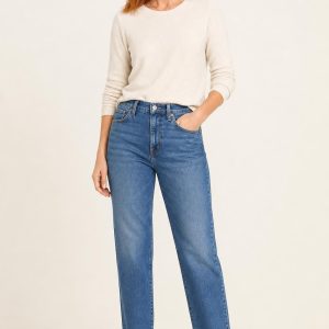 Mid-Wash High-Rise Straight Jeans worn with an adult model