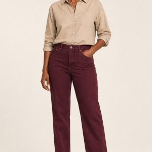 Women's Burgundy Straight Jeans worn with an adult model