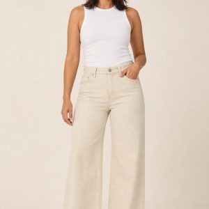 Women's Oatmeal Wide-Leg Jeans worn with an adult model
