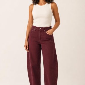 Women's Burgundy Barrel Jeans worn with an adult model