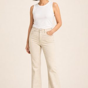 Women's Oatmeal Flare Jeans worn with an adult model