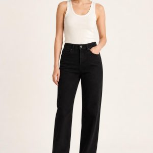 Women's Black Relaxed Jeans worn with an adult model