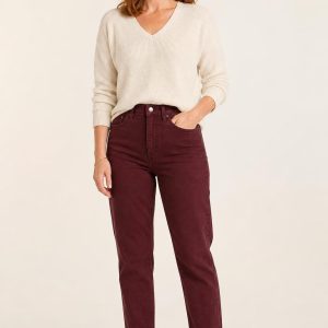 Women's Burgundy Mom Jeans worn with an adult model