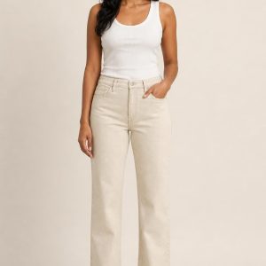 Women's Oatmeal Trouser Jeans worn with an adult model