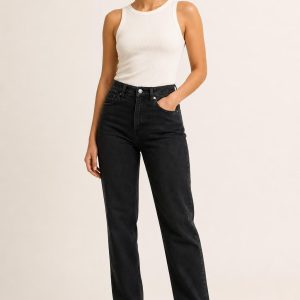 Women's Black Faded Wash Straight Jeans worn with an adult model