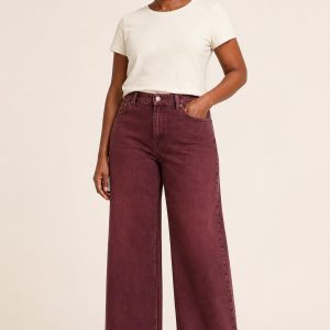 Women's Burgundy Faded Wash Wide-Leg Jeans worn with an adult model