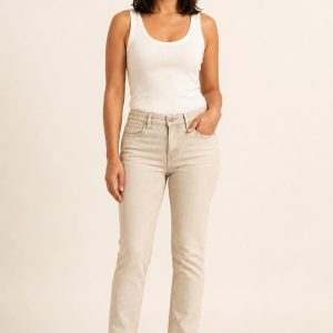 Women's Oatmeal Faded Wash Slim Jeans worn with an adult model