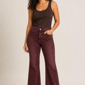 Women's Burgundy Faded Wash Flare Jeans worn with an adult model