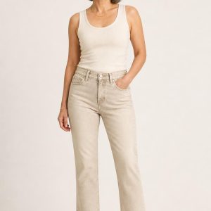 Women's Oatmeal Faded Wash Cropped Jeans worn with an adult model