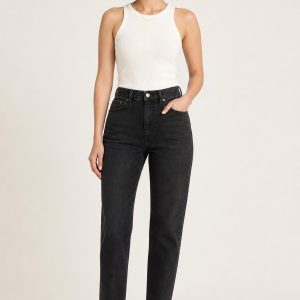 Women's Black Faded Wash Mom Jeans worn with an adult model