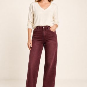 Women's Burgundy Faded Wash Trouser Jeans worn with an adult model