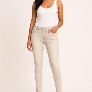 Women's Oatmeal Faded Wash Skinny Jeans worn with an adult model