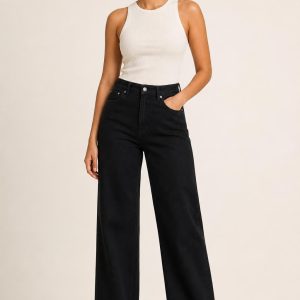 Women's Black Clean Wash Wide-Leg Jeans worn with an adult model