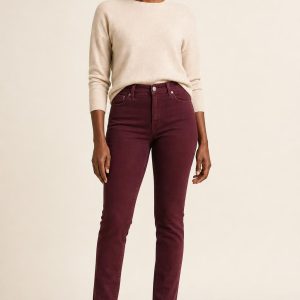 Women's Burgundy Clean Wash Slim Jeans worn with an adult model