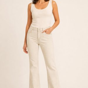 Women's Oatmeal Clean Wash Bootcut Jeans worn with an adult model