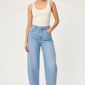Women's Sky Clean Wash Barrel Jeans worn with an adult model
