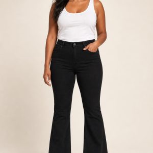 Women's Black Clean Wash Flare Jeans worn with an adult model