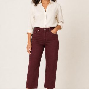 Women's Burgundy Clean Wash Cropped Jeans worn with an adult model