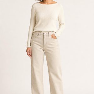 Women's Oatmeal Clean Wash Relaxed Jeans worn with an adult model
