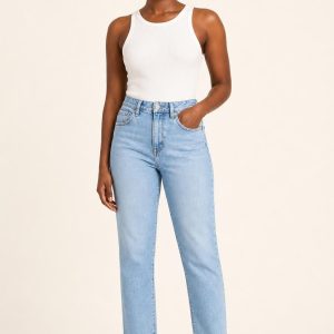 Women's Sky Clean Wash Mom Jeans worn with an adult model