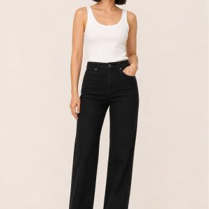 Women's Black Clean Wash Trouser Jeans worn with an adult model
