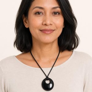 Women's Black Pendant Necklace worn with an adult model