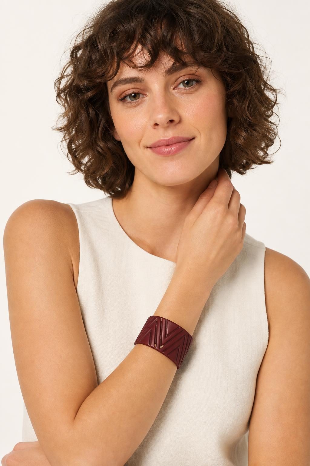Women's Burgundy Cuff Bracelet worn with an adult model