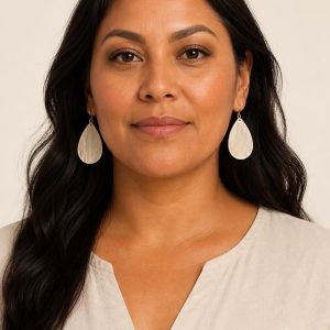 Women's Oatmeal Drop Earrings worn with an adult model