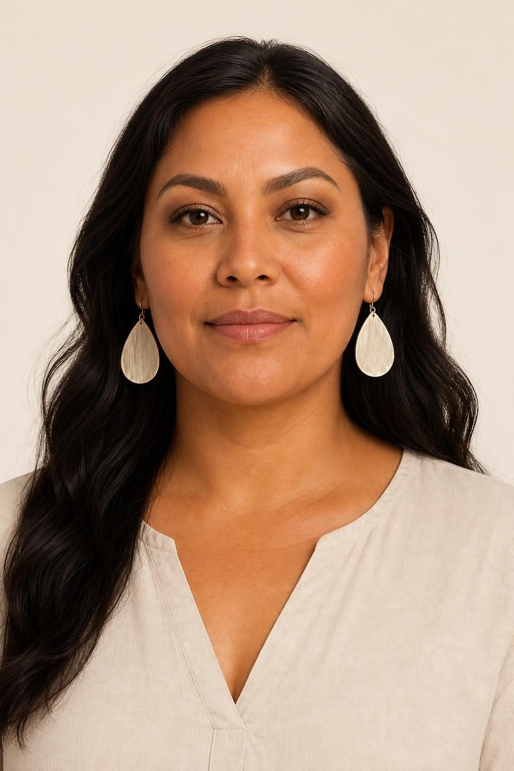 Women's Oatmeal Drop Earrings worn with an adult model