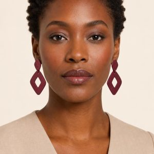 Women's Burgundy Geometric Earrings worn with an adult model